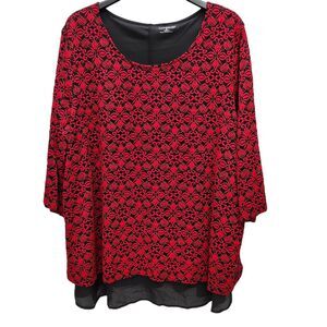 Catherines Lagenlook Shirt Top Womens 2X Red Floral Fully Lined 3/4 Sleeves